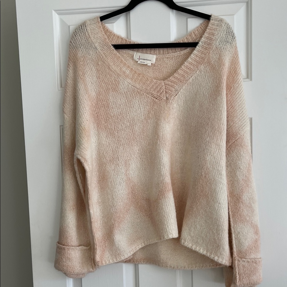 Anthropologie Cream and Pink V-Neck Sweater